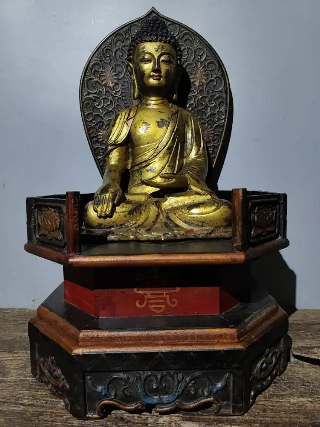 

20"Tibet Temple Collection Old Bronze Cinnabar Mud gold Sakyamuni Buddha lacquerware Lotus Platform Buddhist Niche Worship Hall