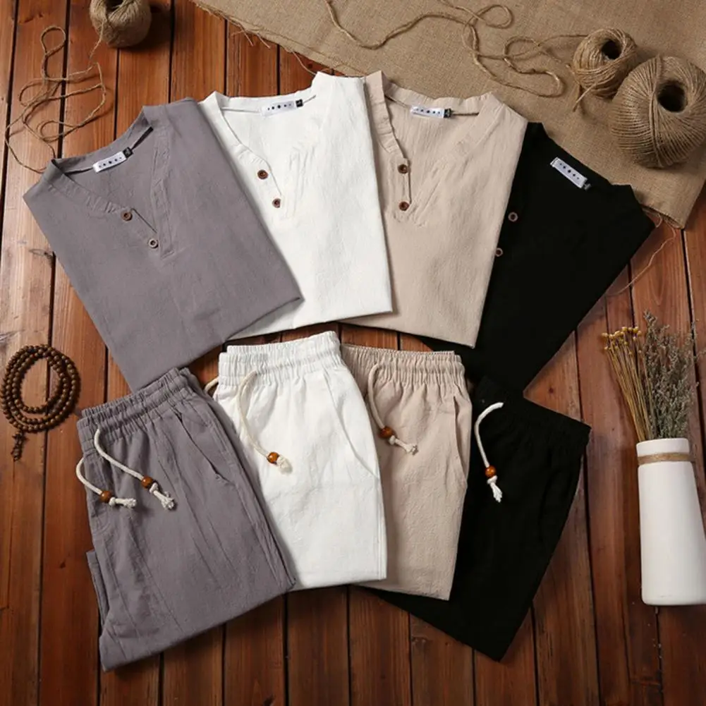 Summer Men T-shirt Tracksuit Men's Sets Shorts V Neck Chinese Style Solid Color Drawstring Pockets Outfit Two Pieces Set 
Summer Men T-shirt Tracksuit Men's Sets Shorts V Neck Chinese Style Solid Color Drawstring Pockets Outfit Two Pieces Set