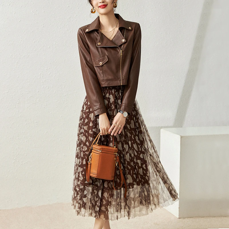 Fashion Skirts Sets Elegant Two Piece Sets Womens Outfits Short PU Jacket Coat And Mesh Long A-line Skirt Set Woman 2 Piece Sets
Fashion Skirts Sets Elegant Two Piece Sets Womens Outfits Short PU Jacket Coat And Mesh Long A-line Skirt Set Woman 2 Piece Sets
