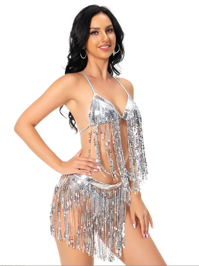 

Women Metallic Shiny Tassels Rave Latin Dance Club Rumba Samba Dancewear Padded Crop Top Mini Skirt Briefs Three Piece Sets