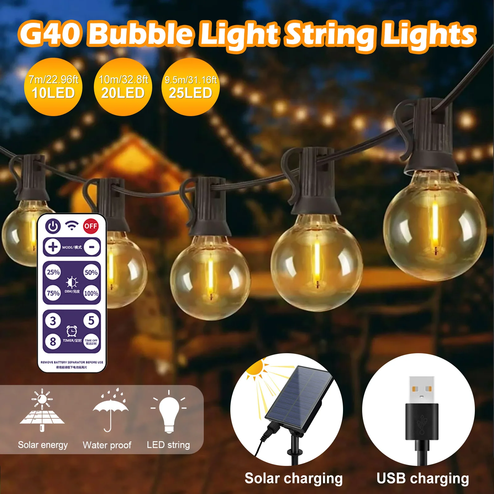 G40 Solar String remote control Lights Outdoor Waterproof Patio LED Lights with 25 Bulbs 8 Modes for Garden Porch Yard Decor
G40 Solar String remote control Lights Outdoor Waterproof Patio LED Lights with 25 Bulbs 8 Modes for Garden Porch Yard Decor