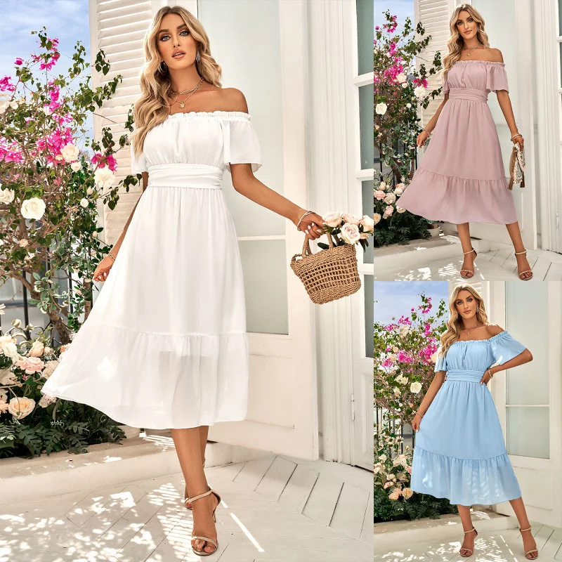 Spring and summer women's new shoulder solid color waist fresh long skirt dress summer dress streetwear white dress
Spring and summer women's new shoulder solid color waist fresh long skirt dress summer dress streetwear white dress