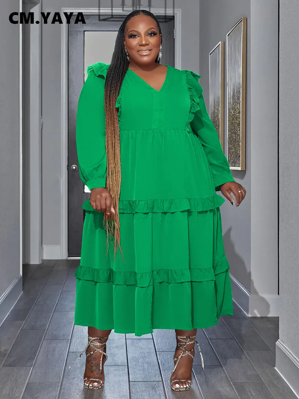 CM.YAYA Plus Size Women Cascading Ruffles Long Sleeve V-neck Loose Maxi Long Dress Vintage Curve INS Smock Dresses Vestidos
CM.YAYA Plus Size Women Cascading Ruffles Long Sleeve V-neck Loose Maxi Long Dress Vintage Curve INS Smock Dresses Vestidos