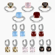GEMS BEAUTY Jewelry Set For Women 925 Sterling Silver Quartz Red Garnet Statement Earrings Rings Bridal Wedding Fine Jewelry