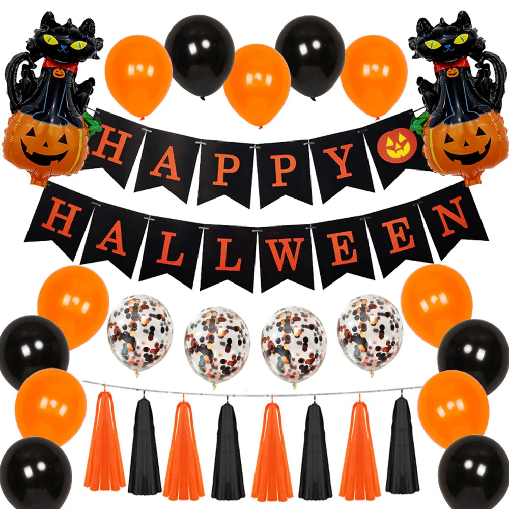 

Счастливый Хэллоуин баннер черный оранжевый Тыква Кот шар с кисточкой конфетти шары для детей Хэллоуин украшения вечерние