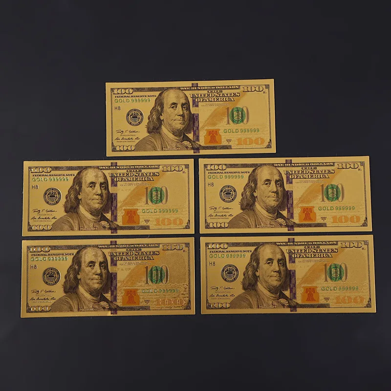 

5pcs American us 100 dollars 100 GOLD Banknotes movies fake money Souvenir Gifts Collection prop money