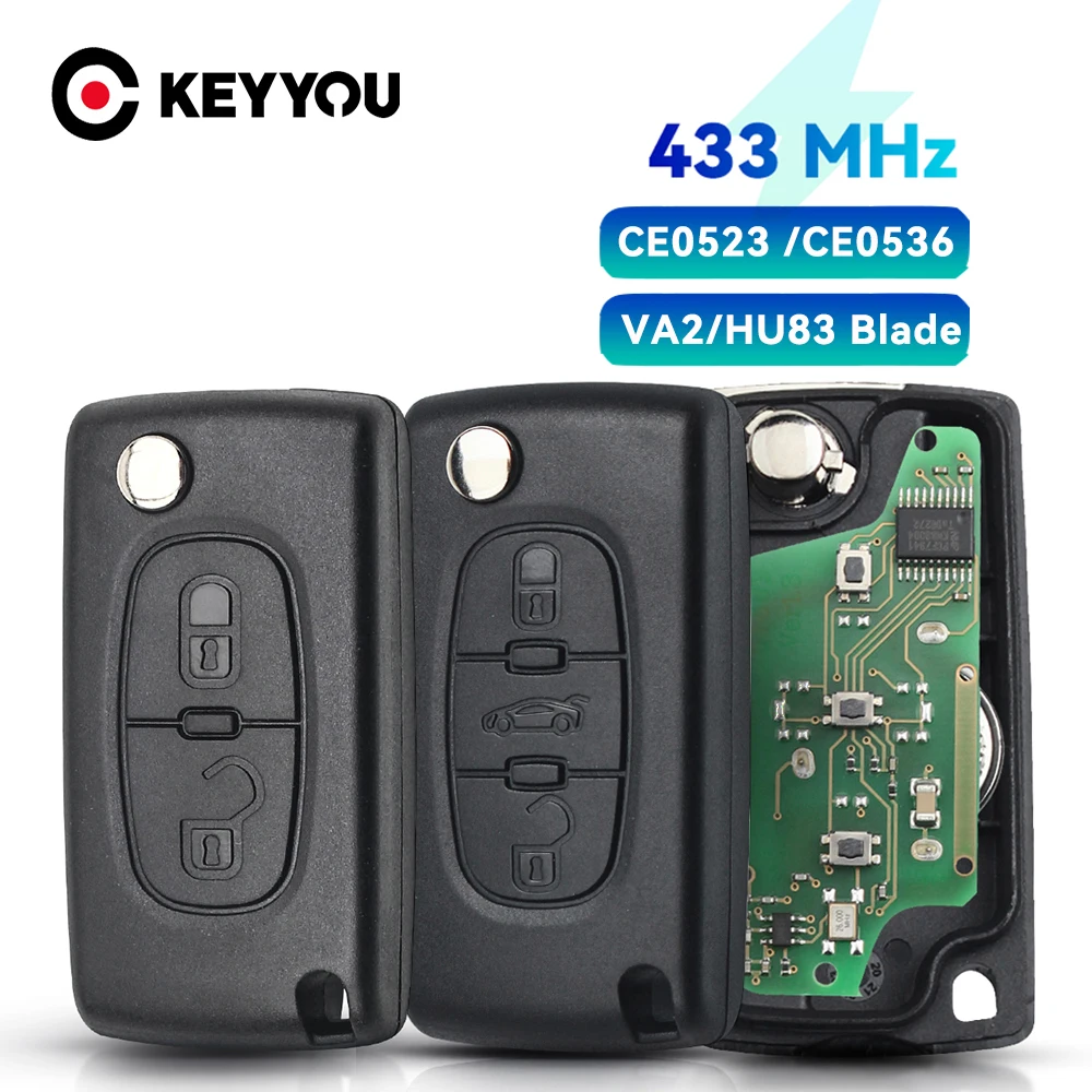 

KEYYOU For Peugeot 207 307 407 208 308 408 607 Partner 3 Buttons light Flip Remote Car Key VA2/HCA CE0523 ASK 433Mhz ID46 Chip