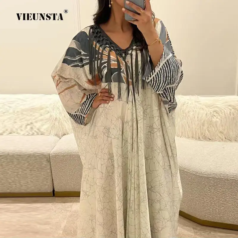 Female Boho Print A-Line Long Dress Fashion Retro Tassel V-Neck Print Maxi Dress Women New Loose Pullover High Waist Long Dress 
Female Boho Print A-Line Long Dress Fashion Retro Tassel V-Neck Print Maxi Dress Women New Loose Pullover High Waist Long Dress