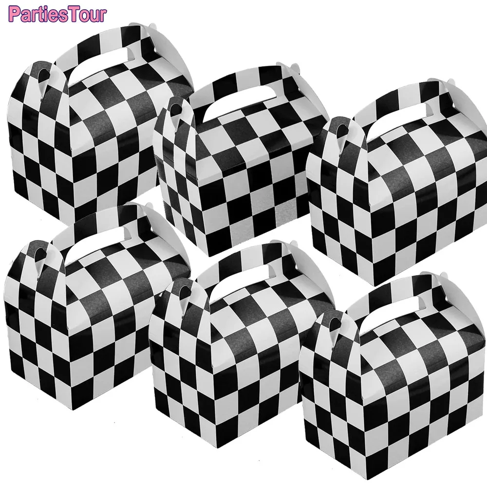 

6packs Checkered Racing Treat Boxes Race Car Theme Party Favors Crafts Candy Goodie Bags Picnic Snacks for Racing Birthday Parti