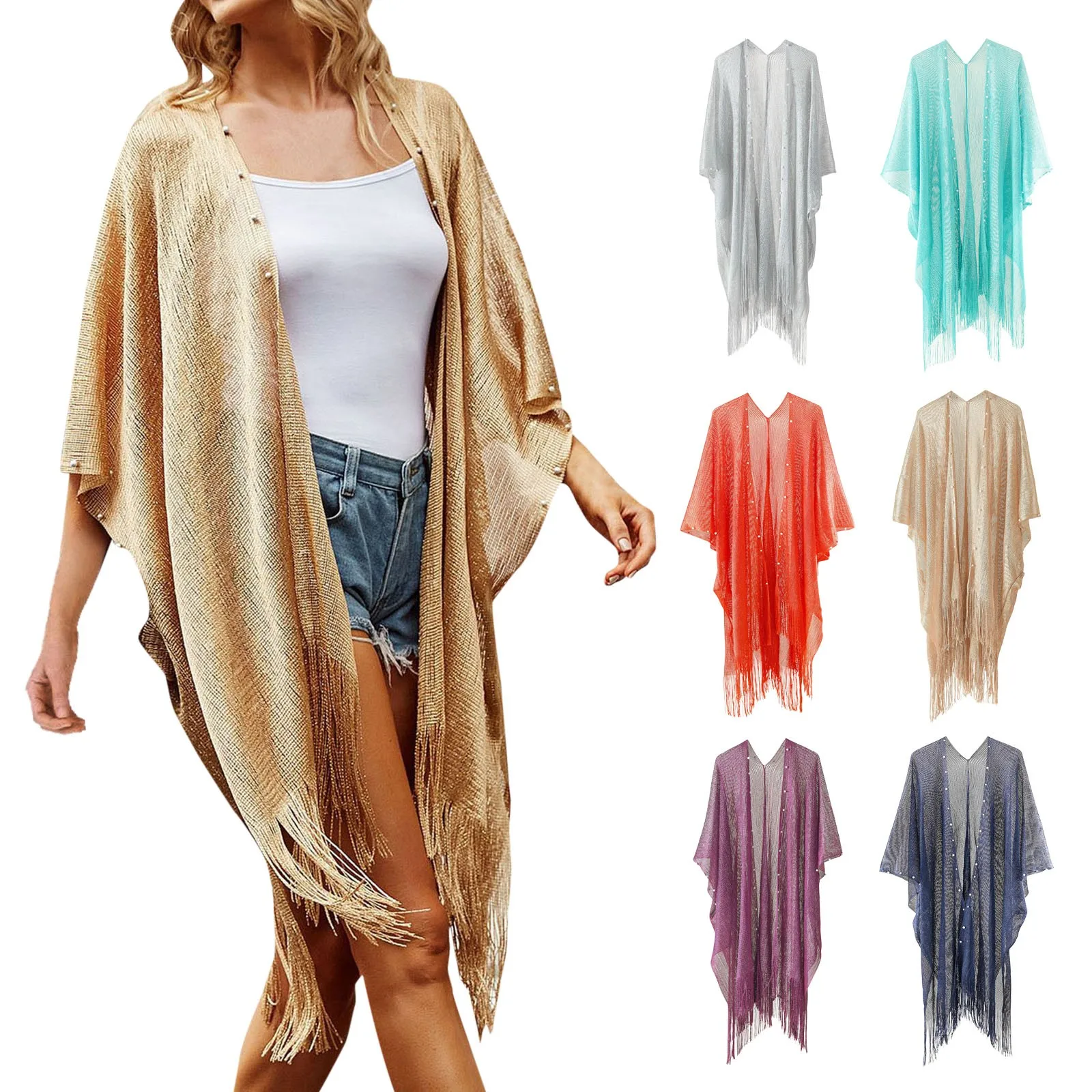 

Smock Europe And The United States Summer Nail Pearl Beach Shawl Cardigan Bikini Smock In Long Sexy Bikini Cover Ups for Women