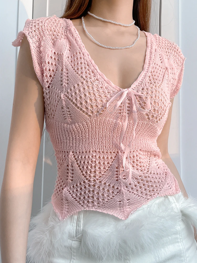 WeiYao Pink Hollow Out Knitted Top Sweet Girl Kawaii Summer Vacation Clothes For Women V Neck Short Sleeve Casual T Shirts
WeiYao Pink Hollow Out Knitted Top Sweet Girl Kawaii Summer Vacation Clothes For Women V Neck Short Sleeve Casual T Shirts