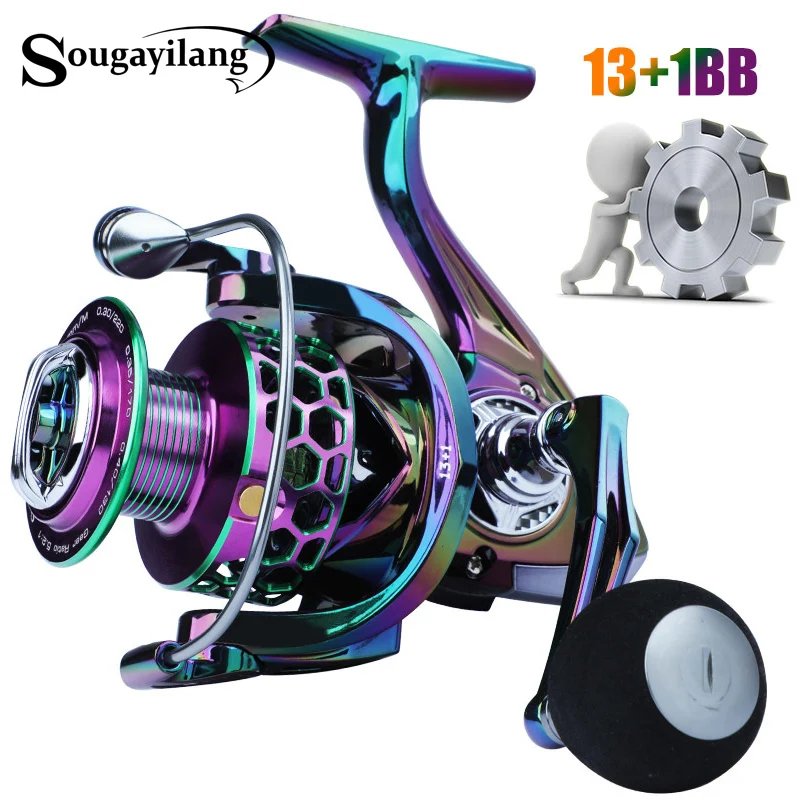 

Sougayilang Multicolor Spinning Fishing Reels Metal Spool Gear Ratio 5.2:1 13+1BB Carp Reel for Saltwater Freshwater Fishing