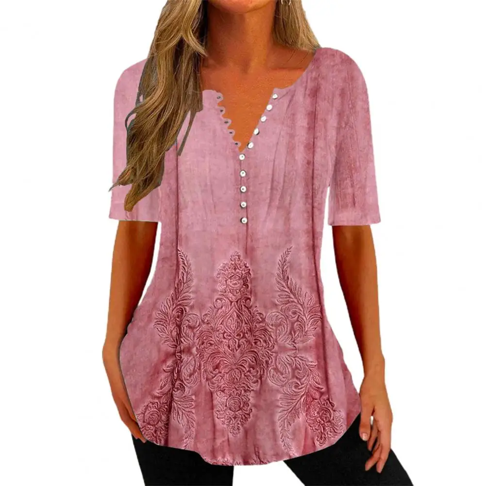 Blouse Women Tops Buttons Half Placket Short Sleeve V-neck Loose Hem Sweat Absorbing Thin Retro Pattern Loose Blouse Shirt
Blouse Women Tops Buttons Half Placket Short Sleeve V-neck Loose Hem Sweat Absorbing Thin Retro Pattern Loose Blouse Shirt