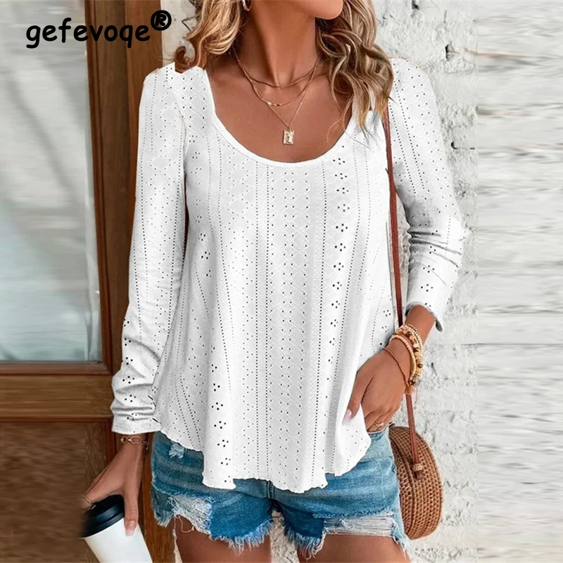 Women's Clothing Autumn Fashion Hollow Jacquard Long Sleeve Elegant T-shirts Casual Streetwear Solid O Neck Loose Pullover Tops
Women's Clothing Autumn Fashion Hollow Jacquard Long Sleeve Elegant T-shirts Casual Streetwear Solid O Neck Loose Pullover Tops