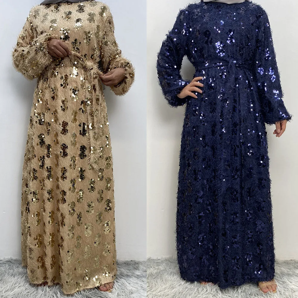 

New Luxury Sequin Muslim Women Maxi Dress Eid Furry Abaya Ramadan Dubai Turkey Kaftan Belted Islamic Clothing Robe Gown Caftan