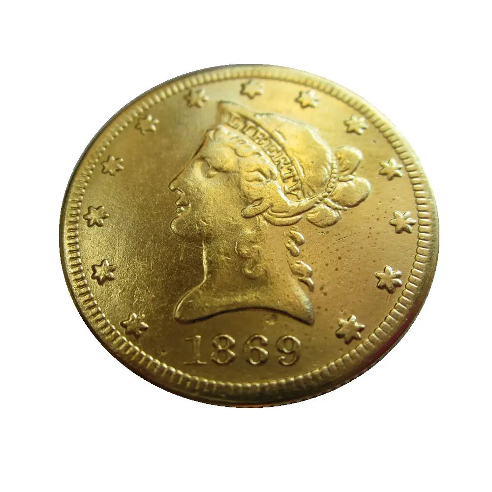 1869 P, S, США, позолоченная искусственная голова свободы (девиз на обратном фоне)
1869 P, S, США, позолоченная искусственная голова свободы (девиз на обратном фоне)