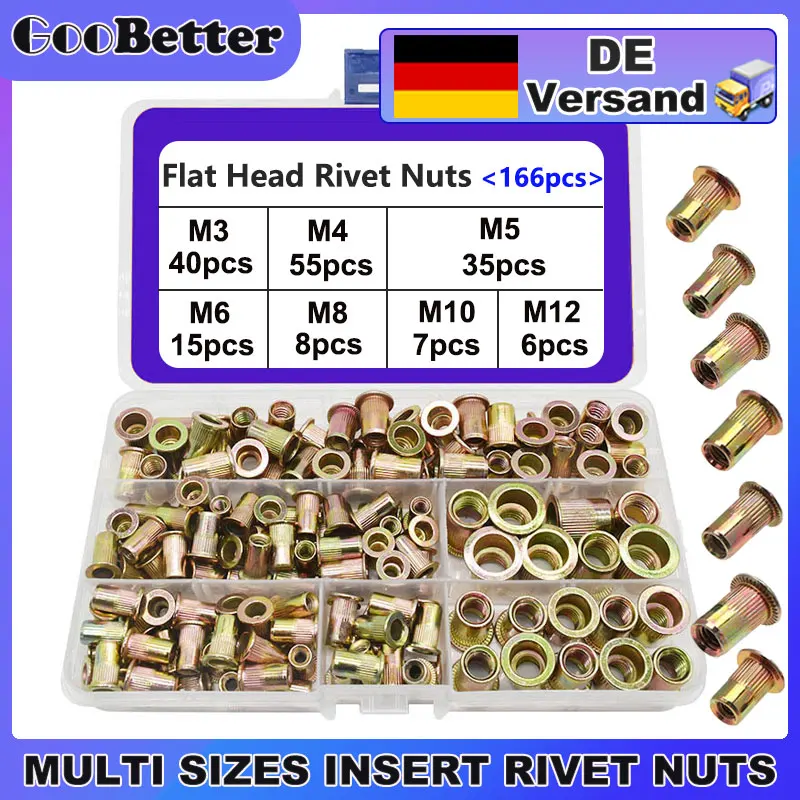 

166Pcs Carbon Steel Rivet Nut Set M3 M4 M5 M6 M8 M10 M12 Threaded Insert Nuts Assortment Kit Flat Head Nutsert Rivnuts Hilo