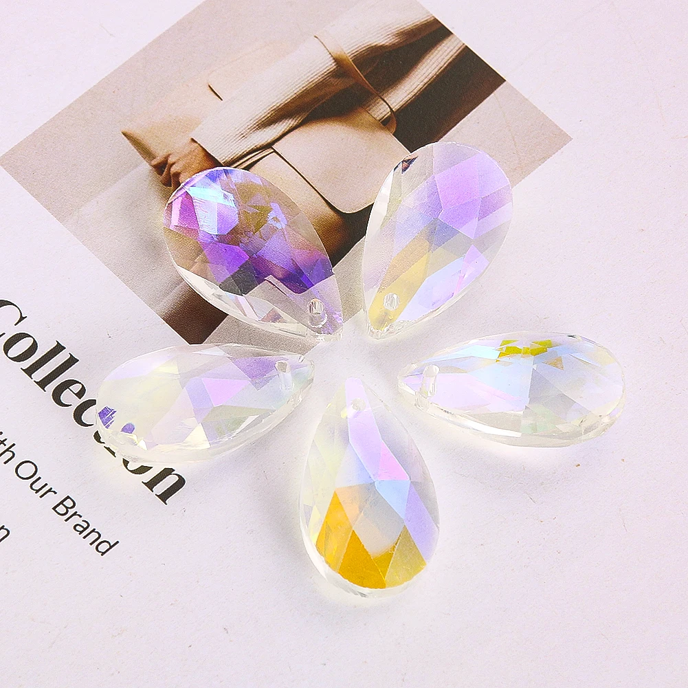 

10Pc/Lot AB Color Waterdrop Crystal Pendant Suncatcher Faceted Prism Hanging Decor Glass Chandelier Part DIY Jewelry Making 28MM