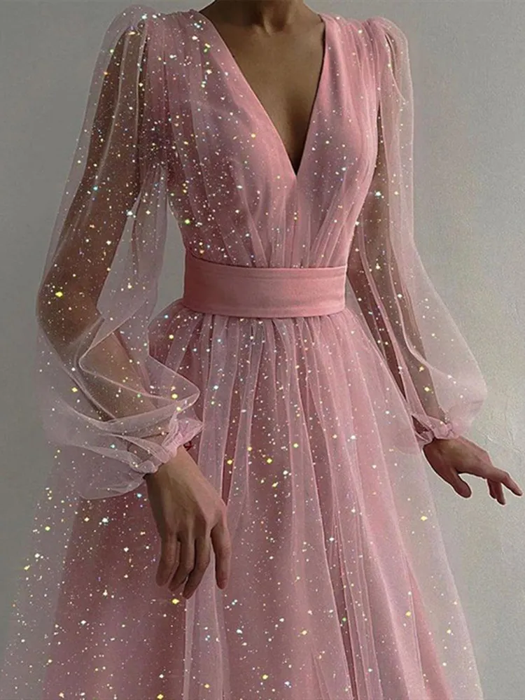 2021 Summer Mesh Women's Evening Dress V-Neck Puff Long Sleeve Zipper White Belt Female Dresses New Party Shining Ladies Robe
2021 Summer Mesh Women's Evening Dress V-Neck Puff Long Sleeve Zipper White Belt Female Dresses New Party Shining Ladies Robe