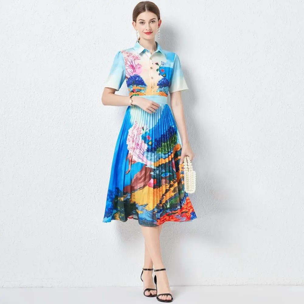 Runway Summer Midi Dress Women Clothing High Waist Short Sleeve Single Breatsed Shirt Collar Floral Print Pleated Vestidos N3508
Runway Summer Midi Dress Women Clothing High Waist Short Sleeve Single Breatsed Shirt Collar Floral Print Pleated Vestidos N3508