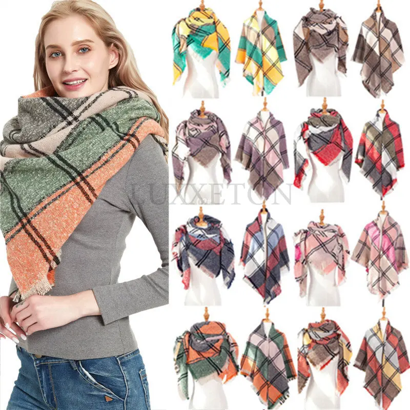 

Women Plaid Scarf Lady Shawl Soft Warm Foulard Knitted Cashmere Poncho Blanket Wraps Female Lattice Wool Scarves Luxury Brand