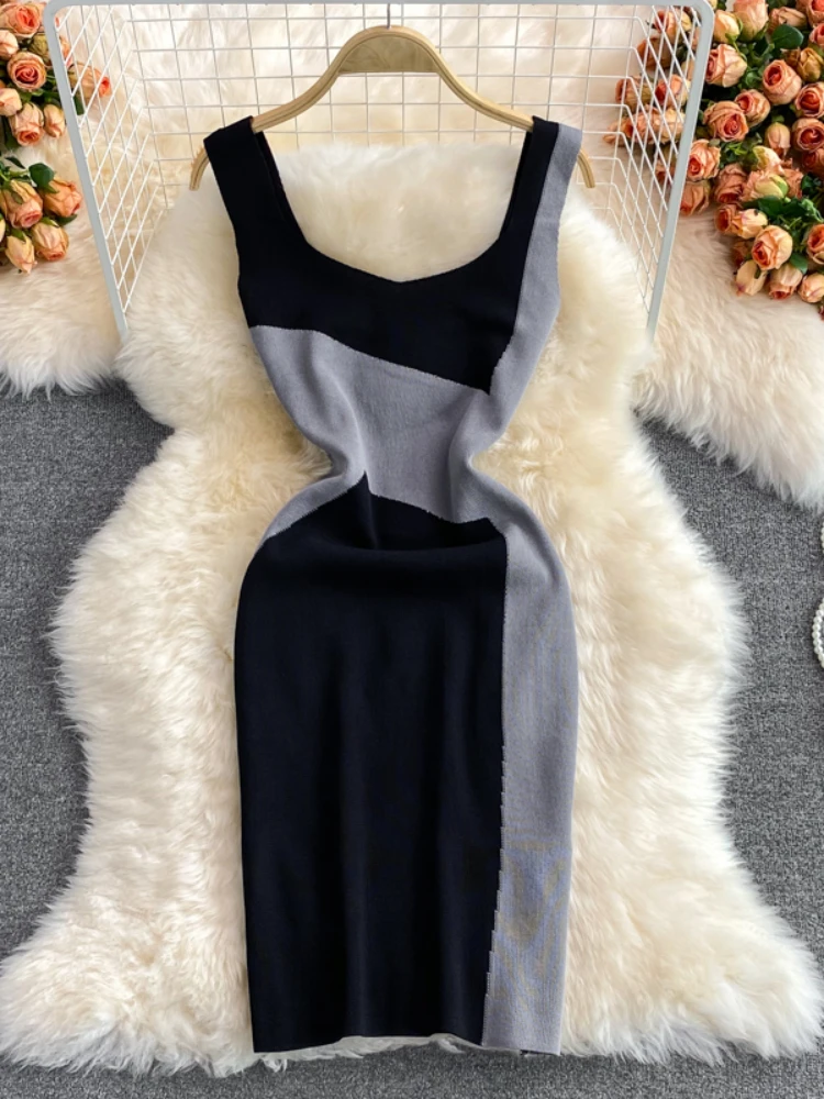 Hikigawa Chic Fashion Woman Dress Contrast Color V Neck Sleeveless Vest Knitted Dresses For Women Elegant Vintage Vestidos Mujer
Hikigawa Chic Fashion Woman Dress Contrast Color V Neck Sleeveless Vest Knitted Dresses For Women Elegant Vintage Vestidos Mujer