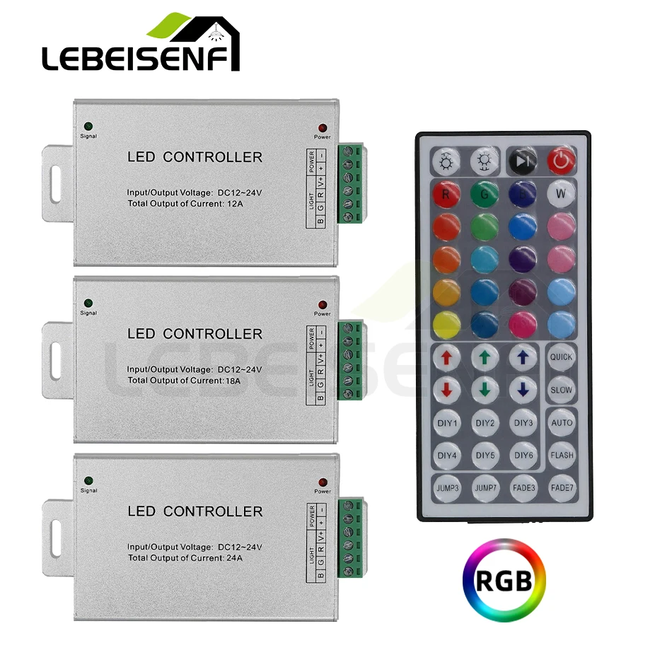

12A 18A 24A RGB Controller DC 12V 24V 3CH Aluminum Shell Dimmer with RF 44 Key Wireless Remote for LED COB Strip Light Dimming