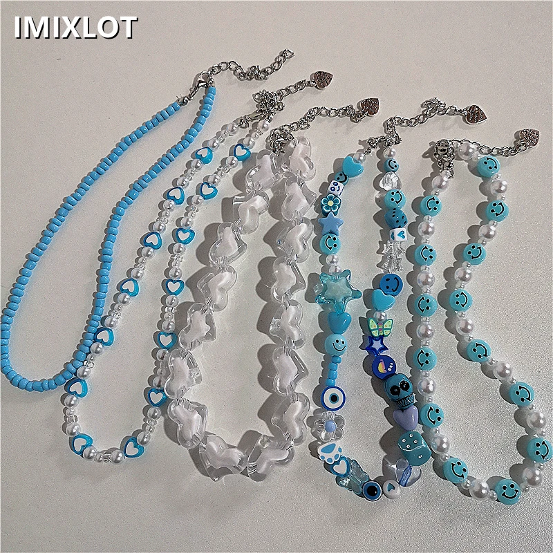 

Kpop Aesthetic Blue White Heart Smiley Acrylic Pearl Beaded Neck Choker Necklace For Women Egirl Harajuku Cute EMO Y2k Jewelry
