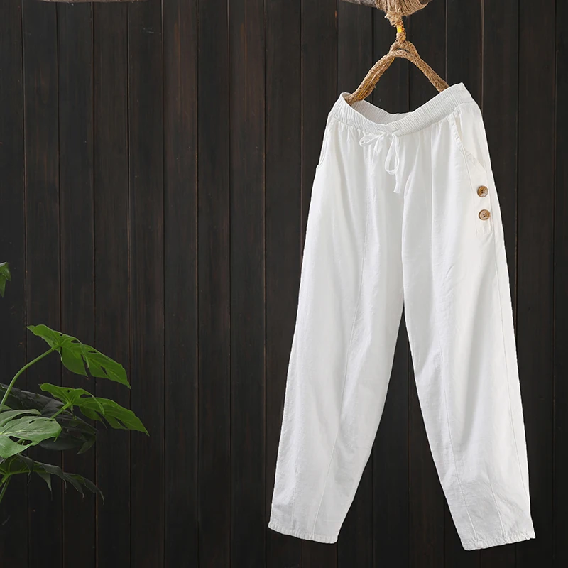 Summer Women's Pants Cotton Linen Casual Elastic Waist Loose Ankle-Length Pants Female Retro Solid Color Harem Pants 
Summer Women's Pants Cotton Linen Casual Elastic Waist Loose Ankle-Length Pants Female Retro Solid Color Harem Pants