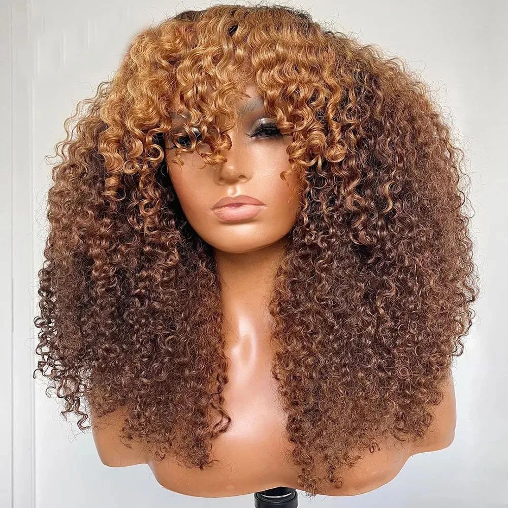 

Fringe Wig Ombre Auburn Brown Kinky Curly Malaysia Glueless Full Machine Made Remy Human Hair Wigs With Bangs Bouncy Curl Blonde