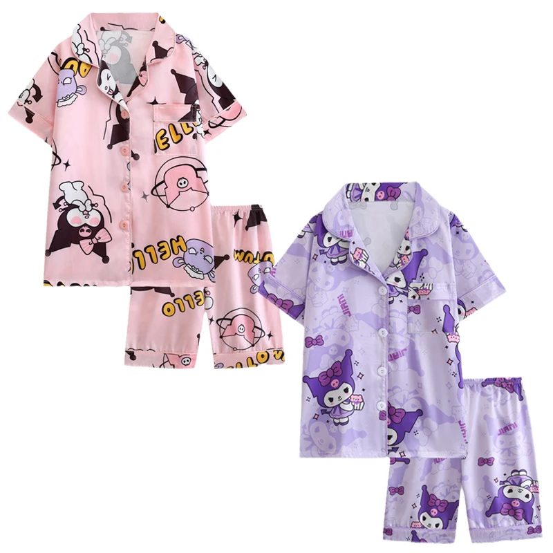 

Cute Cartoon Sanrioed Cinnamoroll Kuromi Children's Ice Silk Pajamas Set Kawaii Summer Cardigan Short Sleeved Shorts Home Clothe