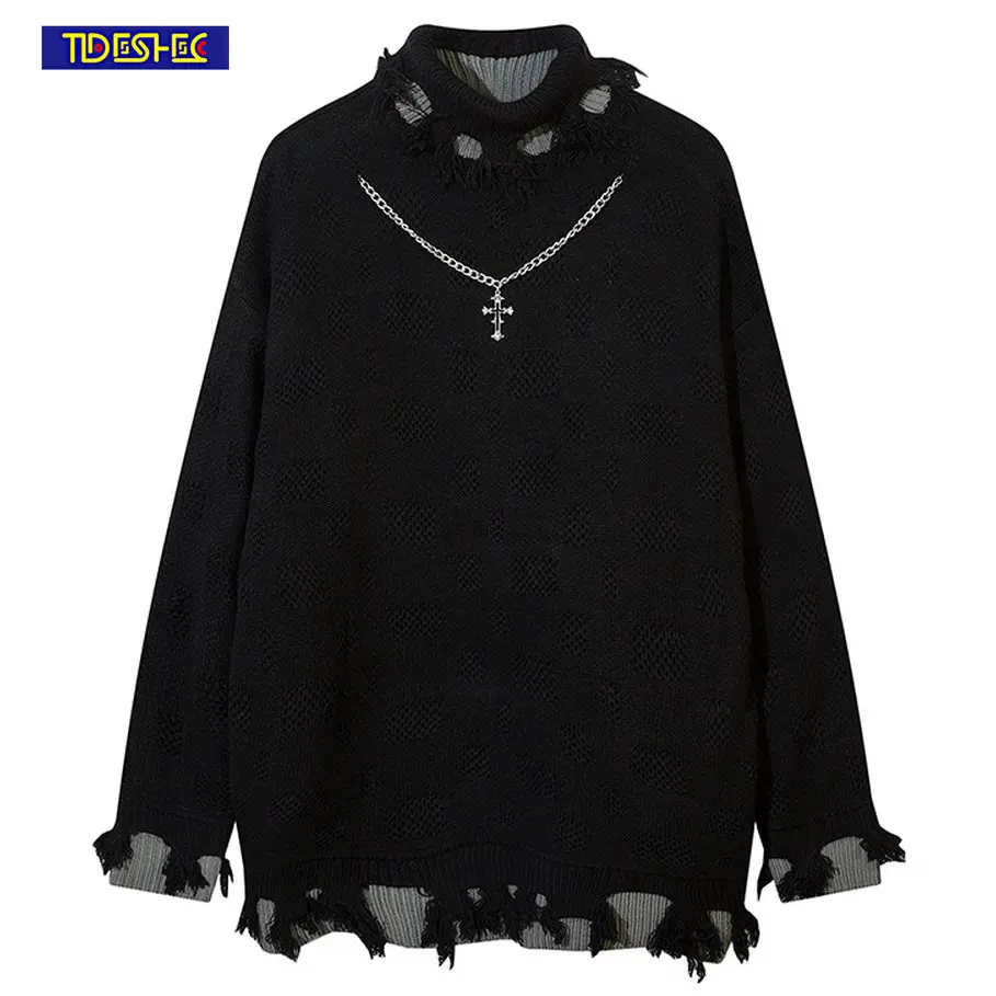 2022 Gothic Punk Vintage Street Necklace Design High Collar Sweater Y2K Autumn and Winter Broken Hole Keep Warm Knitted Sweater
2022 Gothic Punk Vintage Street Necklace Design High Collar Sweater Y2K Autumn and Winter Broken Hole Keep Warm Knitted Sweater