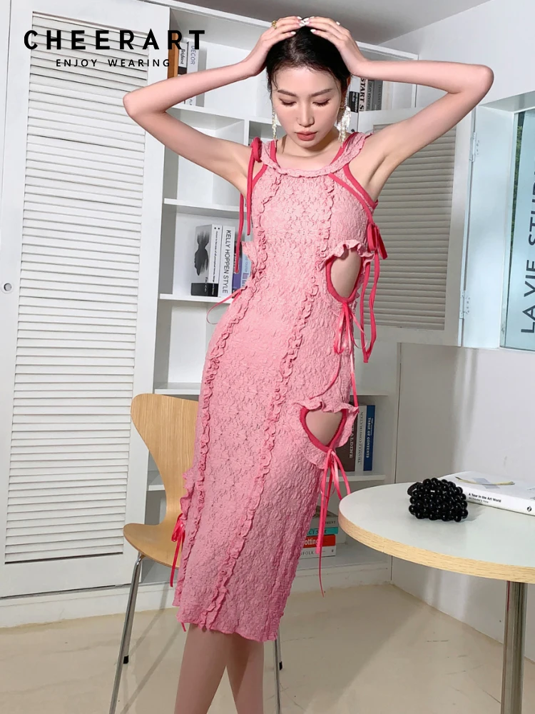 CHEERART Hollow Out Y2k Pink Bodycon Tank Dress For Women Summer Fashion Tie Ruffles Sexy Long Midi Ladies Dress 2022 Designer 
CHEERART Hollow Out Y2k Pink Bodycon Tank Dress For Women Summer Fashion Tie Ruffles Sexy Long Midi Ladies Dress 2022 Designer