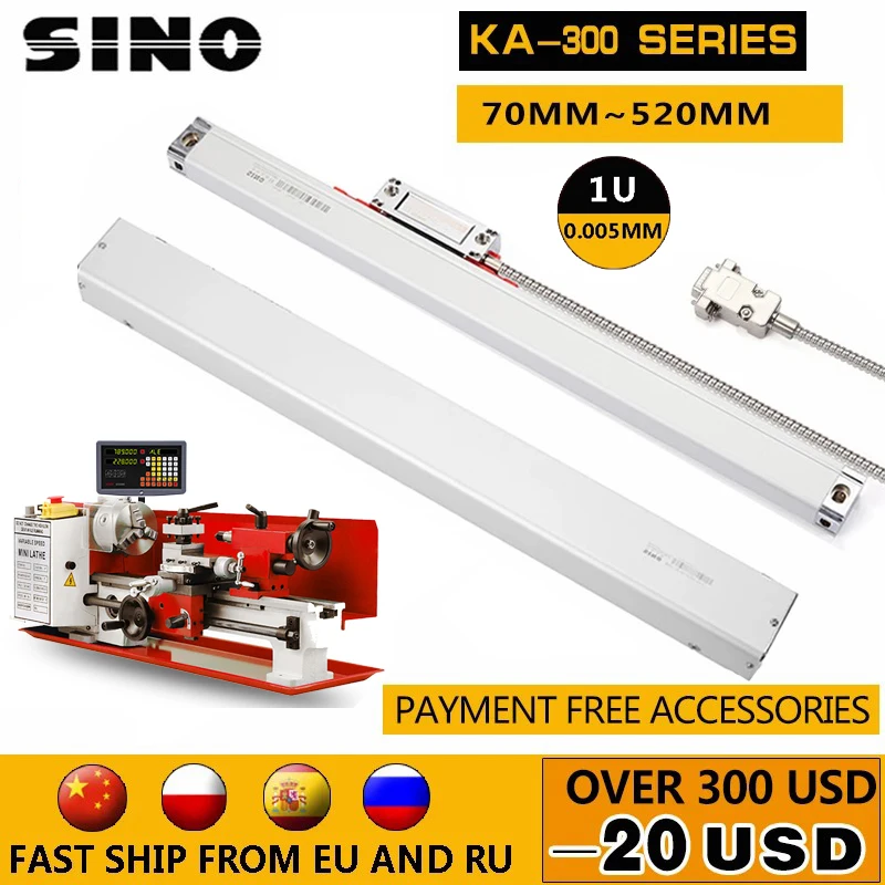 SINO 1μm High Precision Optical Grating Ruler Sensor Linear Scale Encoder For Lathe Milling DRO Display 120~420 470 520mm KA300
SINO 1μm High Precision Optical Grating Ruler Sensor Linear Scale Encoder For Lathe Milling DRO Display 120~420 470 520mm KA300
