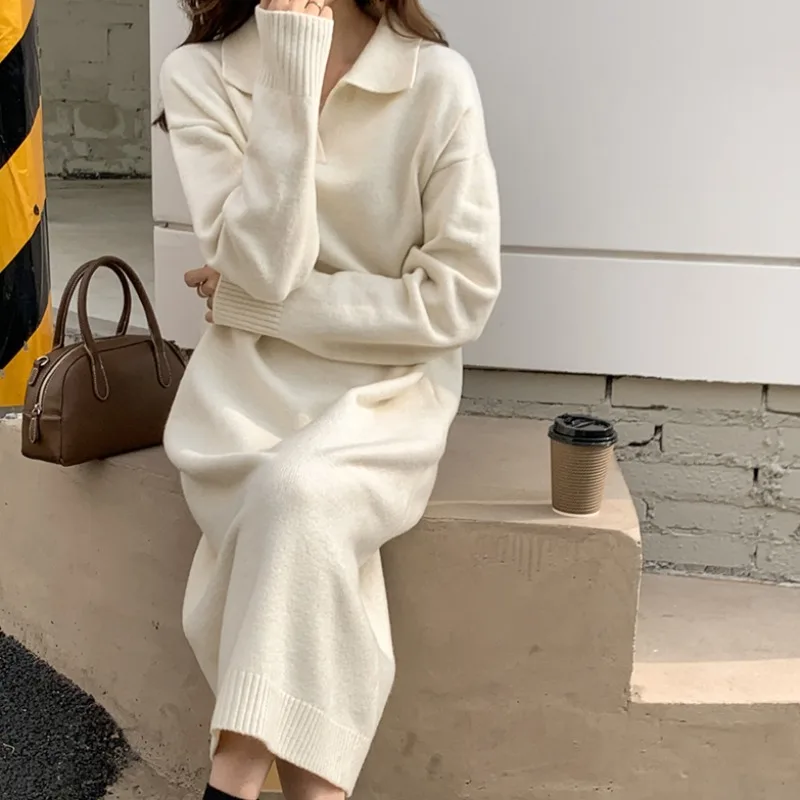 Polo Neck Bottomed Sweater Dress Autumn and Winter Long Knee Length Slouchy Loose Thick Sweater Knitted Dress Women 17051
Polo Neck Bottomed Sweater Dress Autumn and Winter Long Knee Length Slouchy Loose Thick Sweater Knitted Dress Women 17051