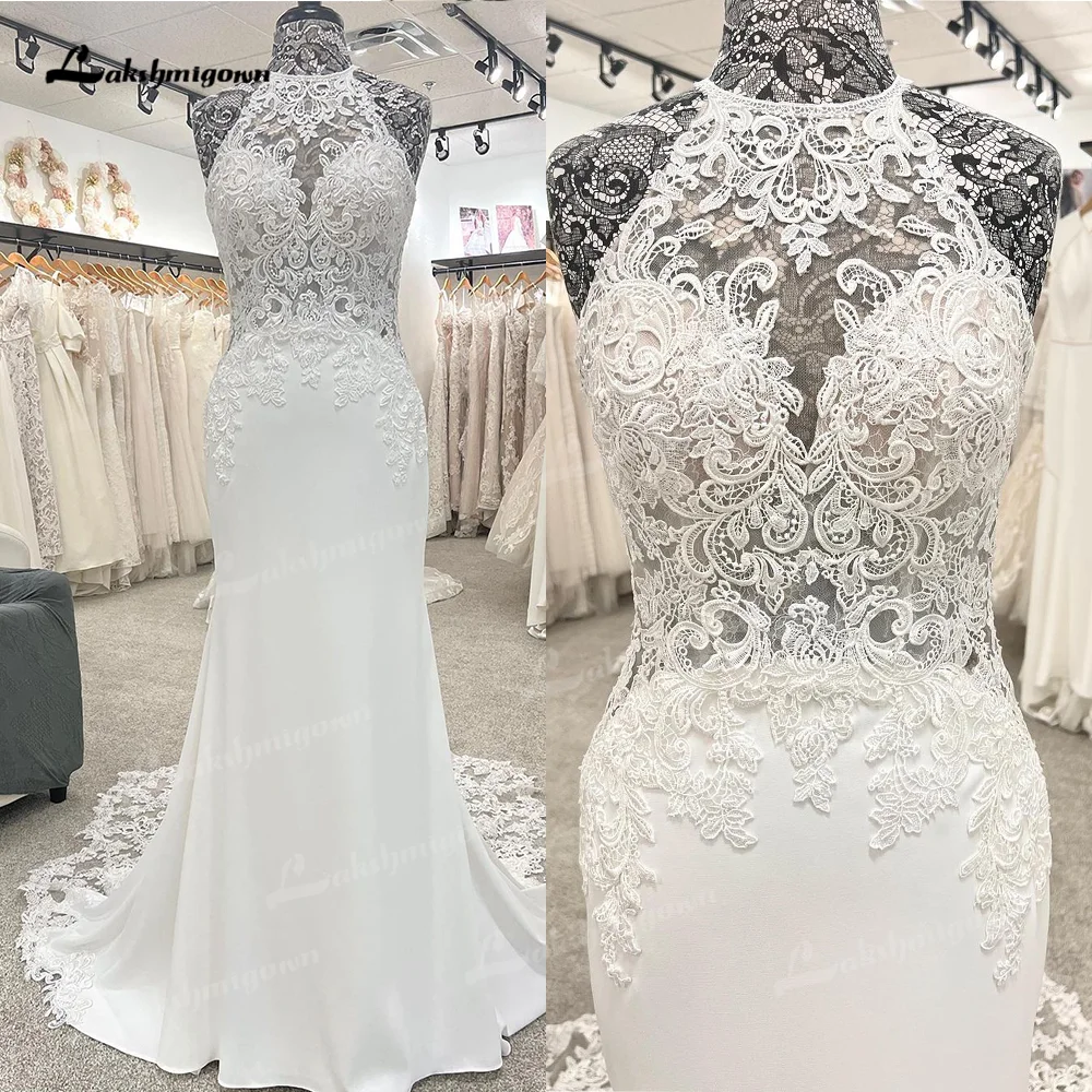 Simple Lace and Satin Wedding Dresses Mermaid Halter Boho Bridal Gowns Sheer Lace Top Court Train hochzeits kleid 2022
Simple Lace and Satin Wedding Dresses Mermaid Halter Boho Bridal Gowns Sheer Lace Top Court Train hochzeits kleid 2022