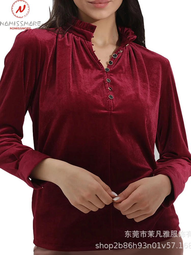 Fashion Women Solid Color Pleuche T-Shirts Patchwork Design Button Decor V-Neck Long Sleeve Autumn Casual Loose Pullovers Top 
Fashion Women Solid Color Pleuche T-Shirts Patchwork Design Button Decor V-Neck Long Sleeve Autumn Casual Loose Pullovers Top