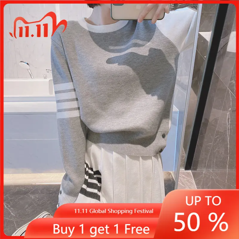 TB Color Matching Four-bar Color Matching Sweater Womens Early Autumn New College Style Classic Pullover Round Neck Loose Top
TB Color Matching Four-bar Color Matching Sweater Womens Early Autumn New College Style Classic Pullover Round Neck Loose Top