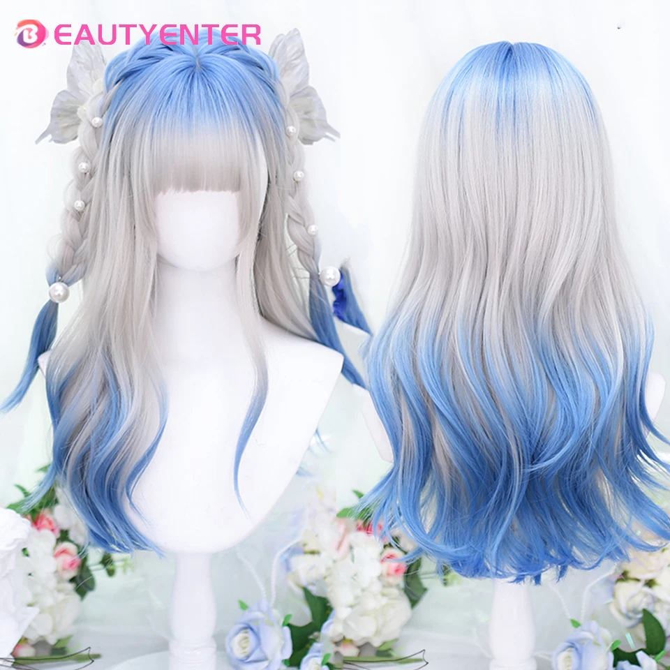

BEAUTYENTER Women Synthetic Lolita Wig Long Straight Ombre Two Tone Silver Grey Blue Hair For Cosplay With Bangs
