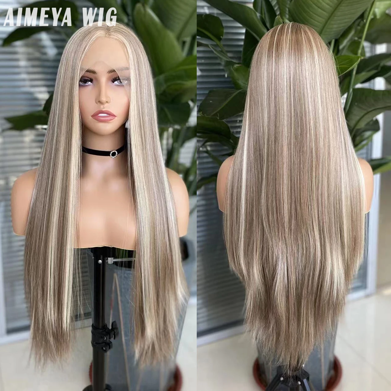 

AIMEYA Blonde Highlight Wigs Synthetic Lace Front Wig Glueless Silky Straight Natural Hairline Wigs for Women Synthetic Hair Wig