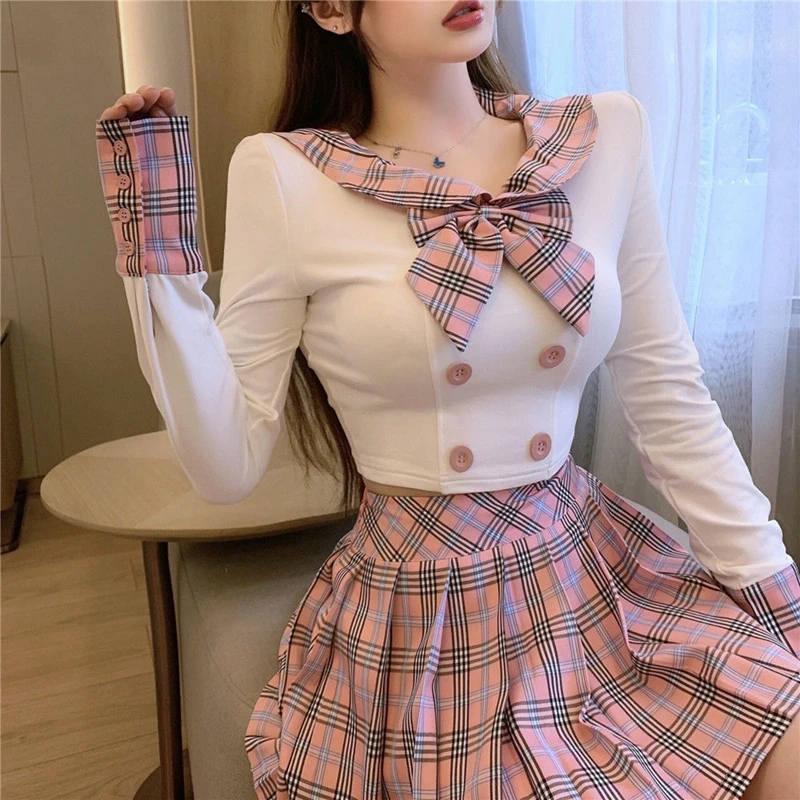 

Original Jk Uniform Skirt Two-piece Suit Fashion Age Reduction Girl College Style Long-sleeve Navy Top+Pleated Skirt 2-piece Set