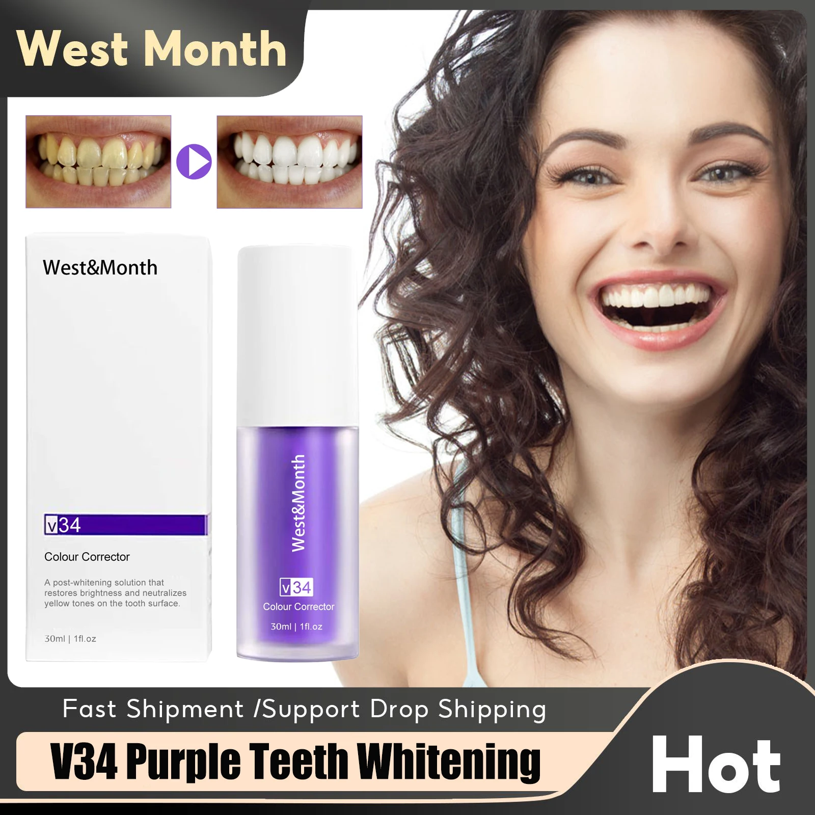 

Teeth Whitening Toothpaste Deep Cleansing V34 Colour Corrector Remove Yellow Stains Freshens Breath Oral Care Purple Toothpaste