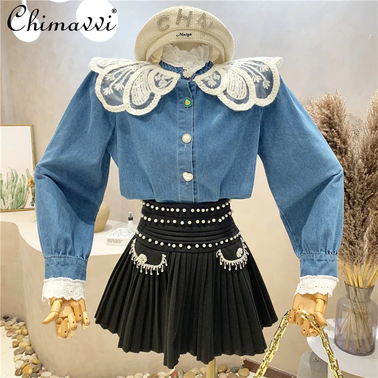 2022 Spring New Sweet Lace Peter Pan Collar Long-Sleeved Denim Shirt Women's Fashion Elegant Solid Color Slimming Jeans Blusas
2022 Spring New Sweet Lace Peter Pan Collar Long-Sleeved Denim Shirt Women's Fashion Elegant Solid Color Slimming Jeans Blusas