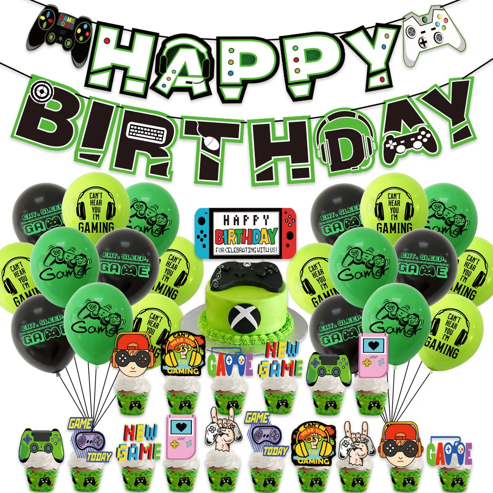 

Game Birthday Balloons Banner Cake Topper set Game Balons Game Theme One 1st Happy Birthday Party Decor Kids Boys Baloons Favor