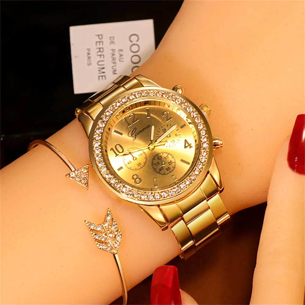 

Women's Watches Geneva Classic Luxury Rhinestone Watch for Women Ladies Fashion Gold Wristwatch Clock Reloj Mujer Montre Femme