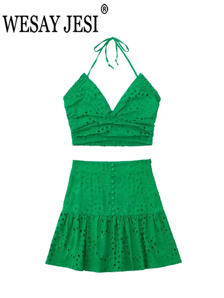 WESAY JESI Women Suits Fashion Tube Top Halterneck Lace Up Elastic Short Top + A-line Solid Green Hollow Out Slim Sexy Skirt
WESAY JESI Women Suits Fashion Tube Top Halterneck Lace Up Elastic Short Top + A-line Solid Green Hollow Out Slim Sexy Skirt