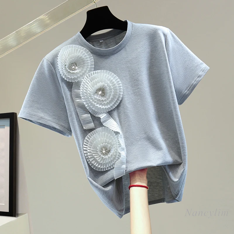 Exquisite Rhinestone Pleated Flower T-shirt Woman 2022 Spring and Summer New Korean Style Loose Casual All-Match Round Neck Tee
Exquisite Rhinestone Pleated Flower T-shirt Woman 2022 Spring and Summer New Korean Style Loose Casual All-Match Round Neck Tee