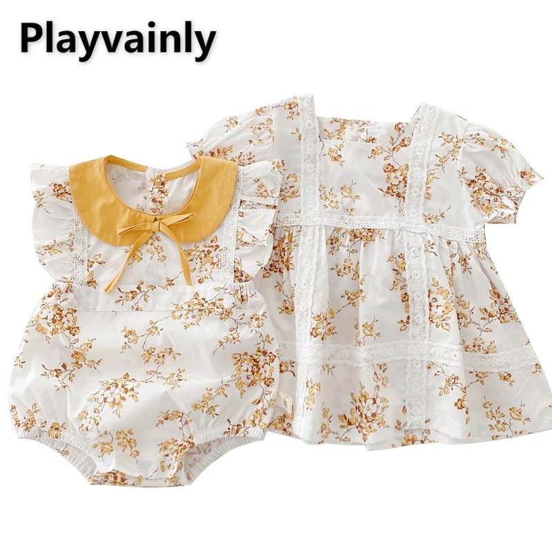 

Summer Family Matching Sets Short Puff Sleeves Yellow Floral Dress+Peter Pan Collar Bodysuit Baby Girl Sister Twins Clothes E046