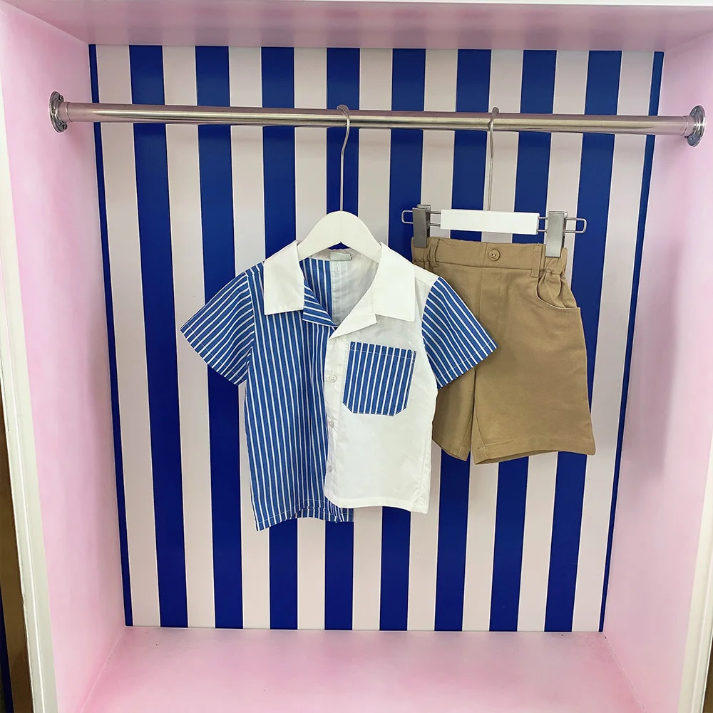 Boys' stripe stitching shirt summer clothes front and back button design top + 5-inch shorts two-piece set
Boys' stripe stitching shirt summer clothes front and back button design top + 5-inch shorts two-piece set