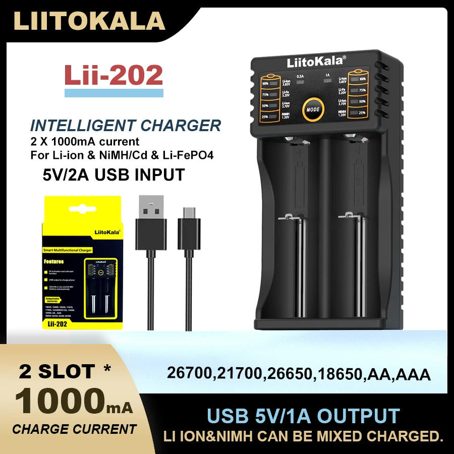 1-5PCS Liitokala Lii-202 1.2V 3.85V 3.7V 3.2V 18650 18500 21700 26700 26650 AA AAA NiMH Rechargeable Lithium-Battery Charger
1-5PCS Liitokala Lii-202 1.2V 3.85V 3.7V 3.2V 18650 18500 21700 26700 26650 AA AAA NiMH Rechargeable Lithium-Battery Charger